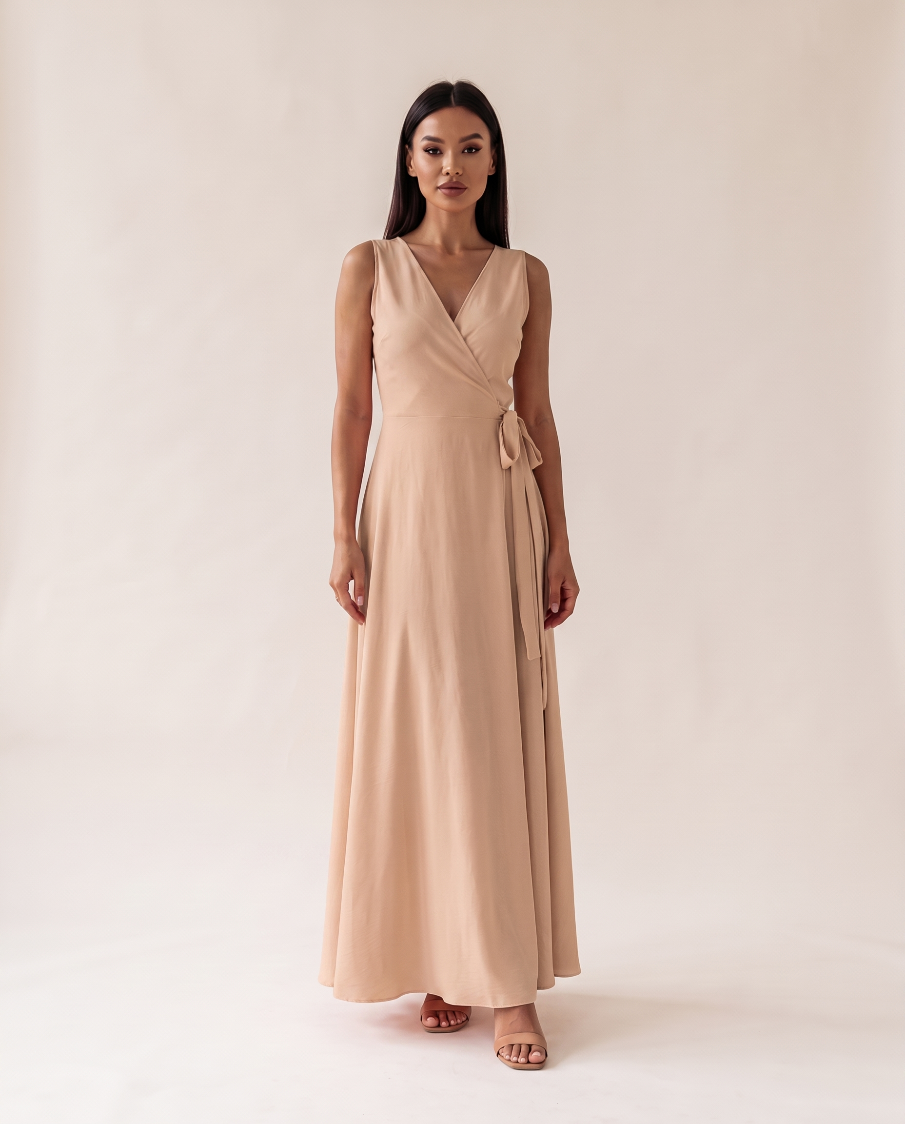 Maisie | Sleeveless Wrap Maxi Dress — Khaki — studio front