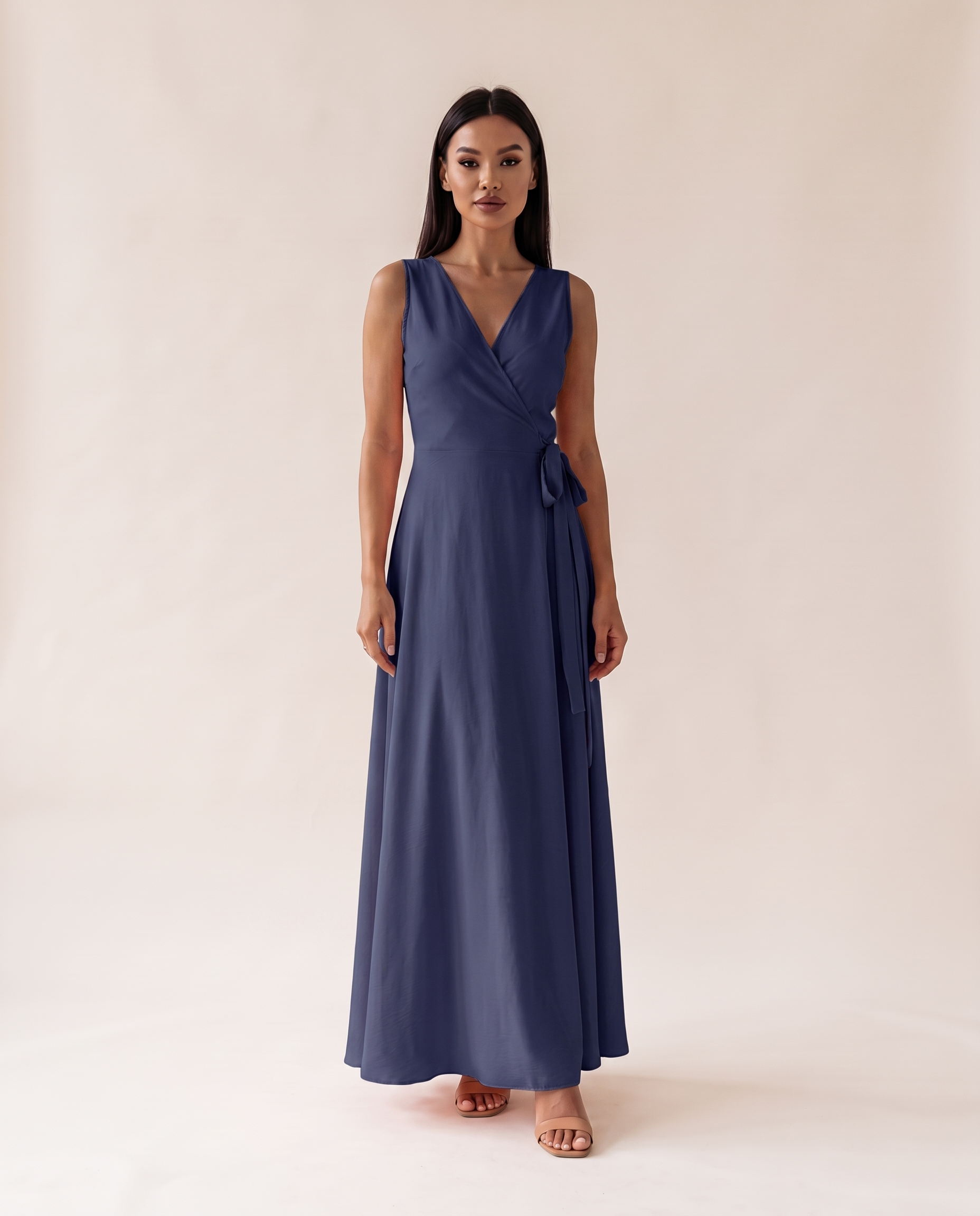 Maisie | Sleeveless Wrap Maxi Dress — Navy Blue — studio front