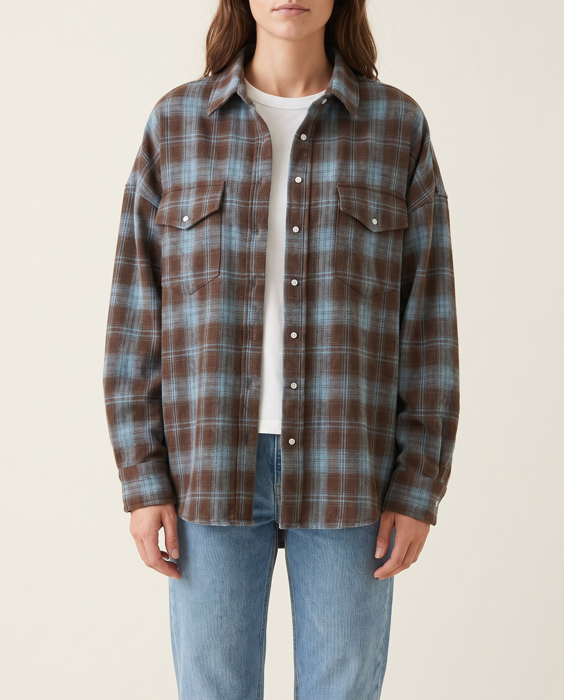 Maple Oversized Plaid Long-Sleeve Shirt – studio front view