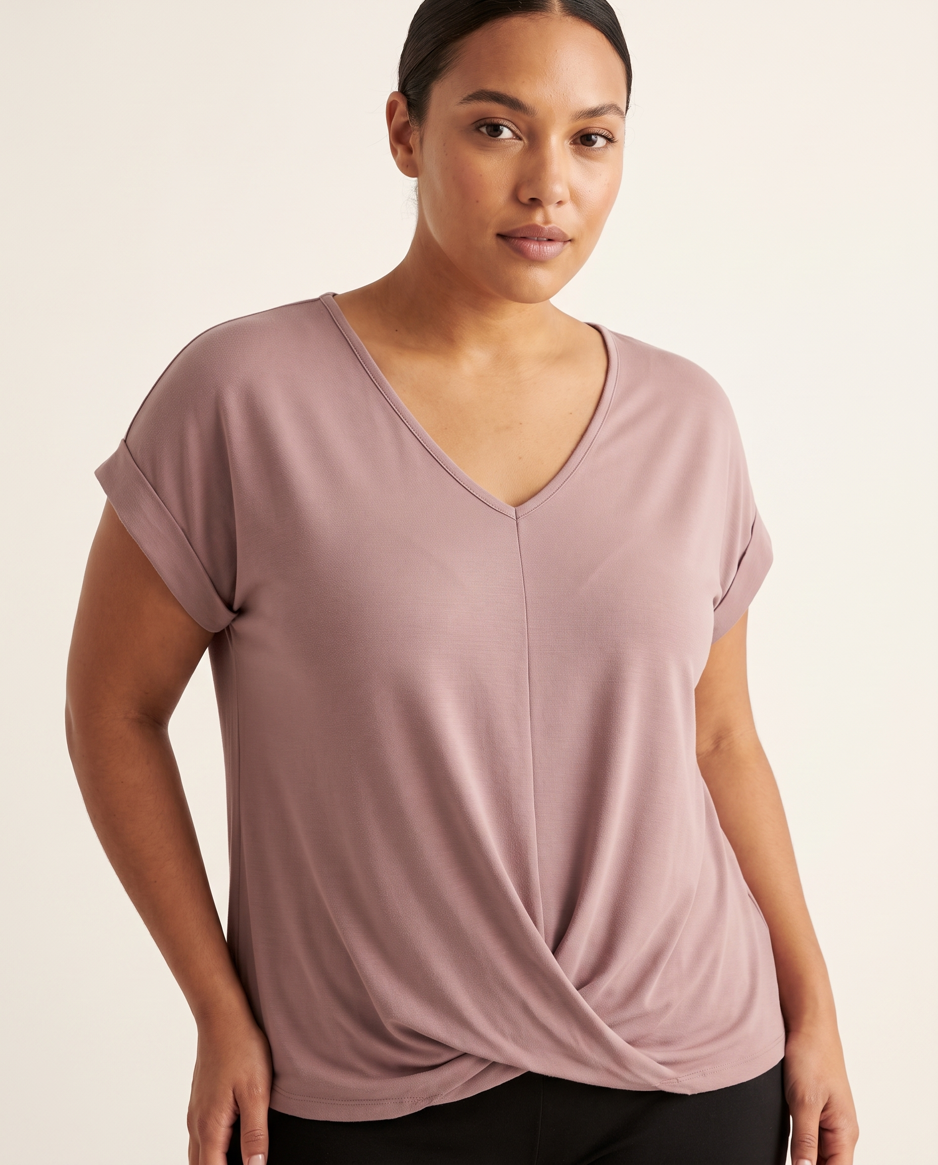 Marina Relaxed V-Neck Short-Sleeve Blouse – studio front view