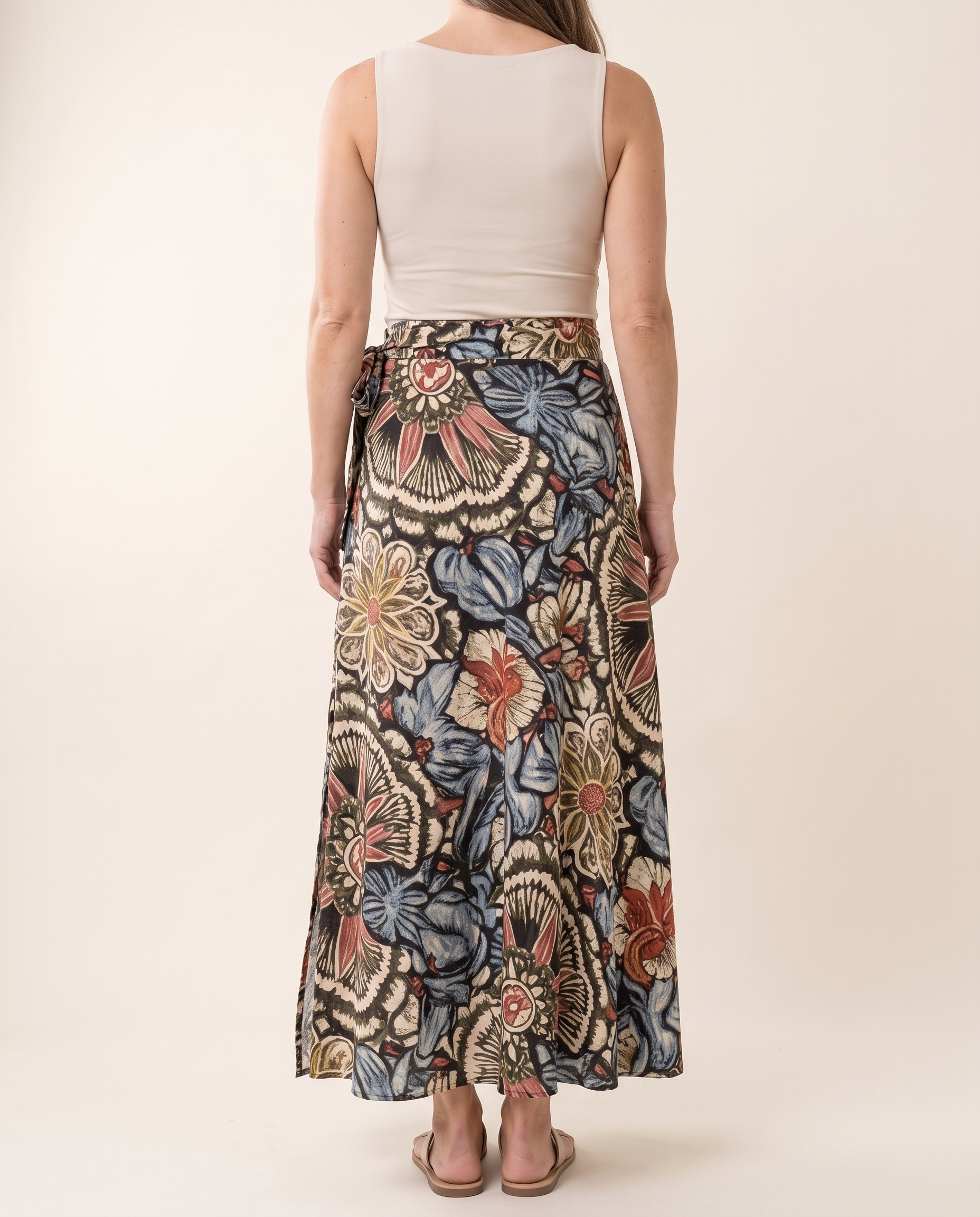 Marisol Floral Tie-Side Maxi Skirt – studio back view