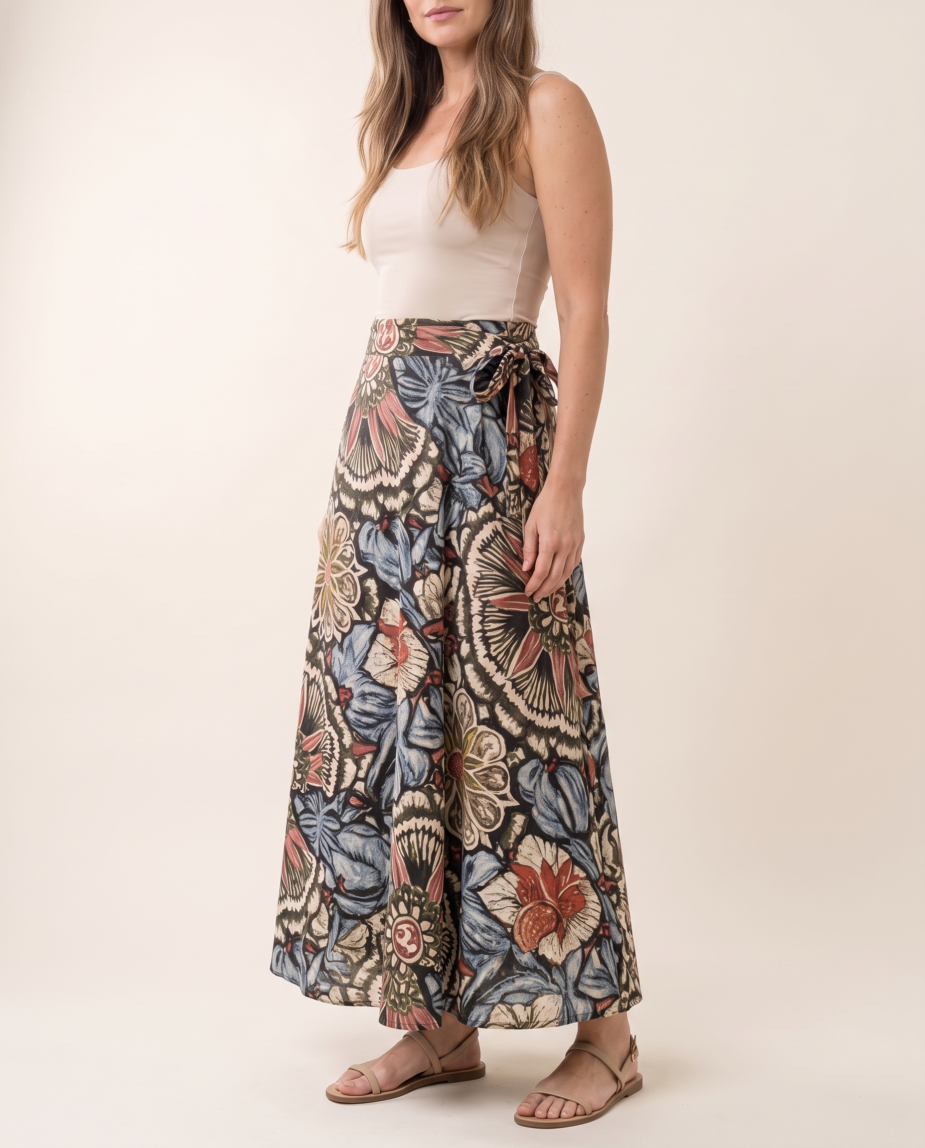 Marisol Floral Tie-Side Maxi Skirt — three-quarter view