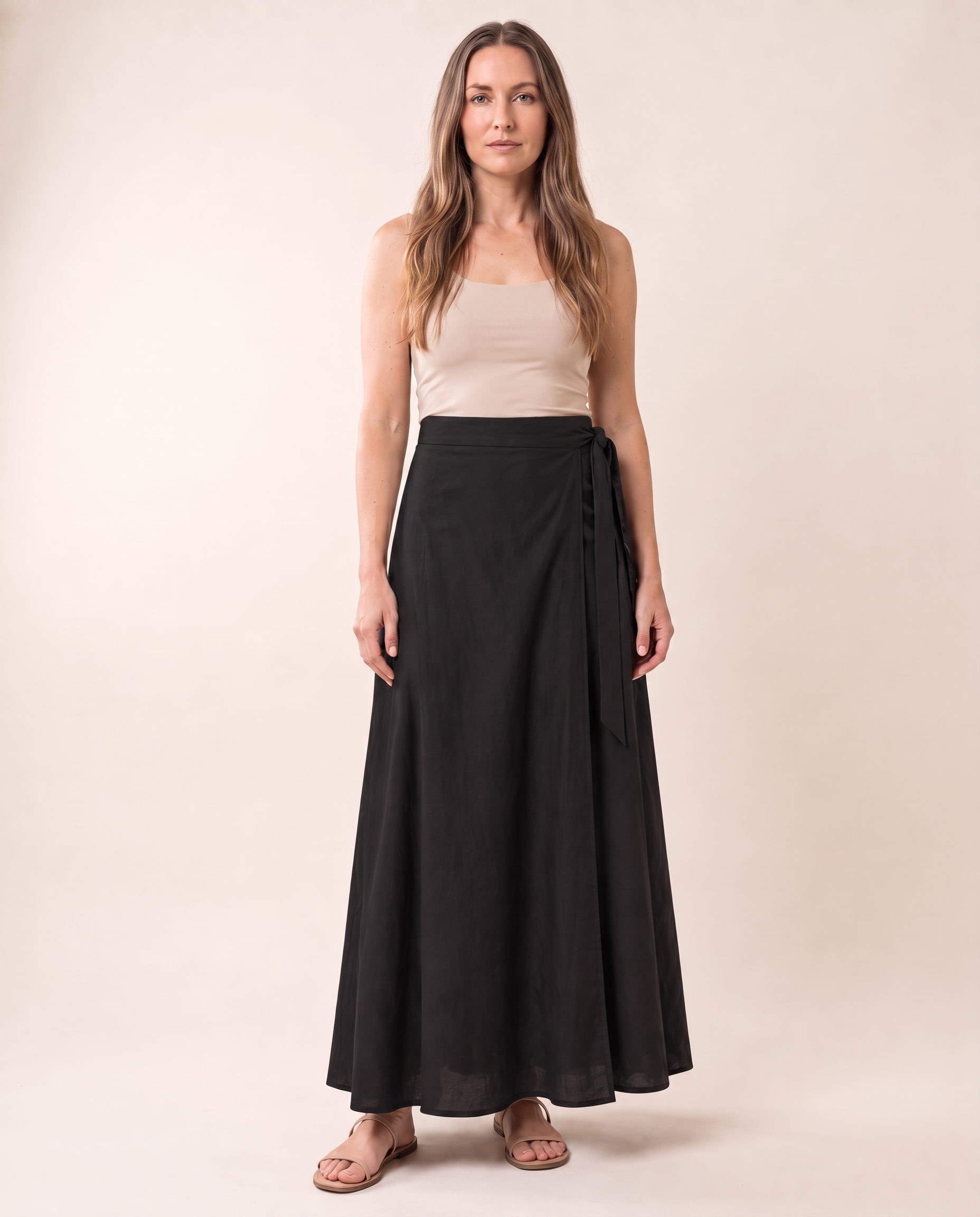 Marisol Floral Tie-Side Maxi Skirt in Black — front view