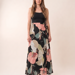 Marisol Floral Tie-Side Maxi Skirt in Black and Pink Floral — front view