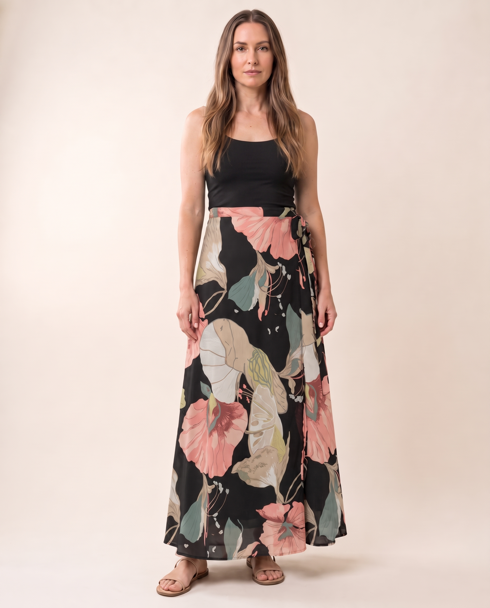 Marisol Floral Tie-Side Maxi Skirt in Black and Pink Floral — front view