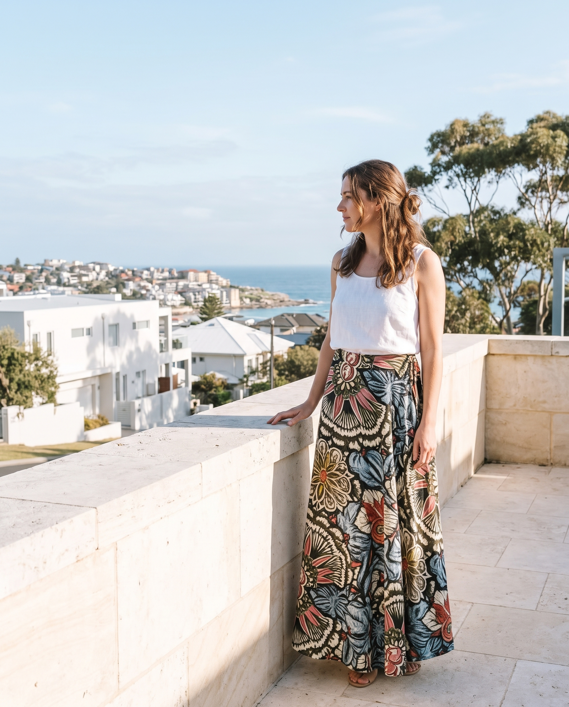 Marisol Floral Tie-Side Maxi Skirt – Australian lifestyle view