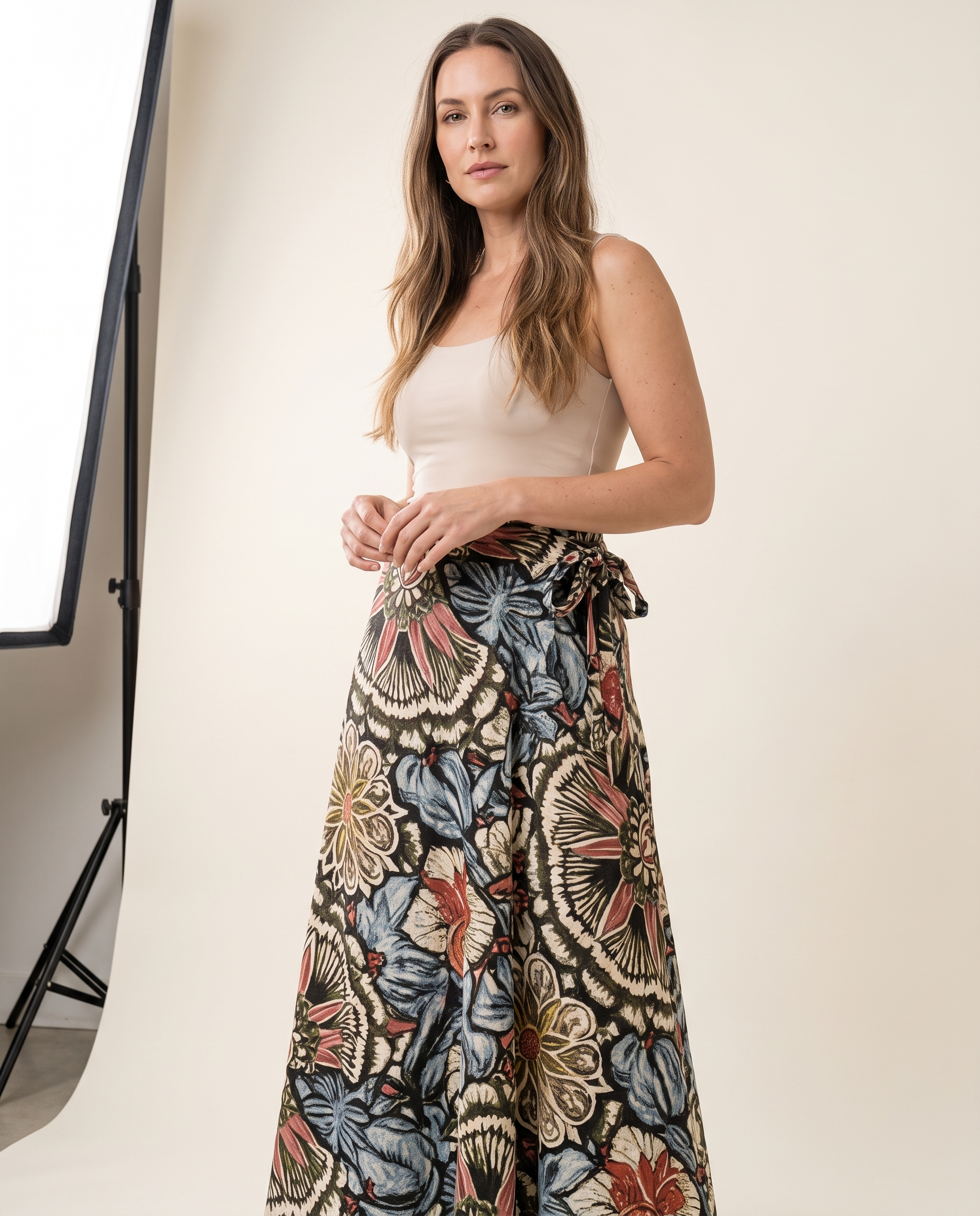 Marisol Floral Tie-Side Maxi Skirt – studio front view