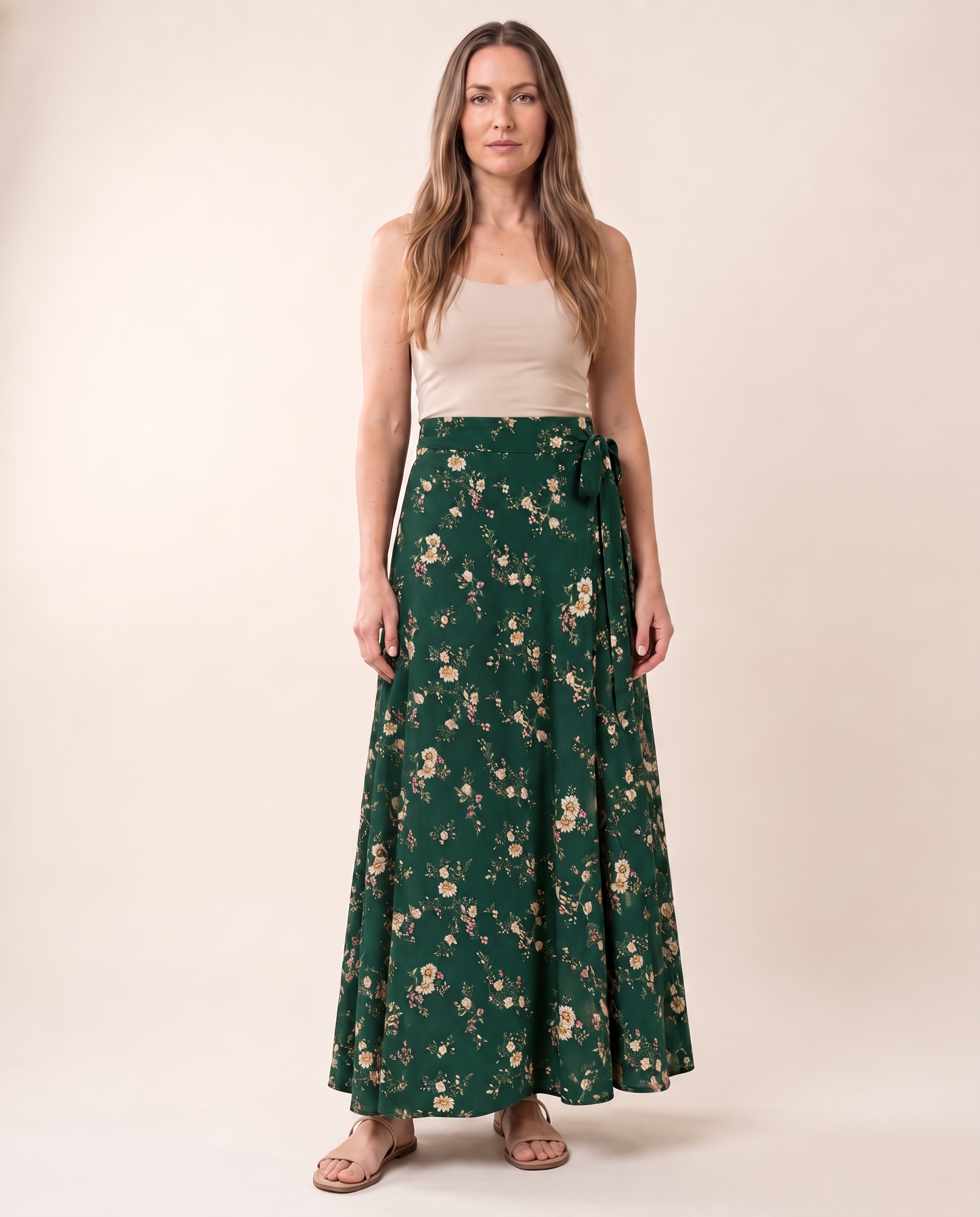 Marisol Floral Tie-Side Maxi Skirt in Forest Green Floral — front view