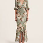 Maxi Dress – Green Floral Puff-Sleeve Slit — Green — studio front