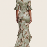 Maxi Dress – Green Floral Puff-Sleeve Slit — Green — back view
