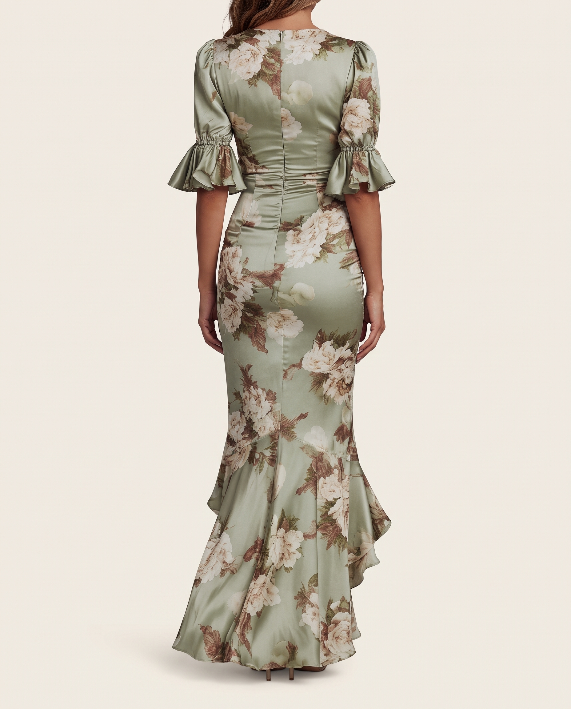 Maxi Dress – Green Floral Puff-Sleeve Slit — Green — back view