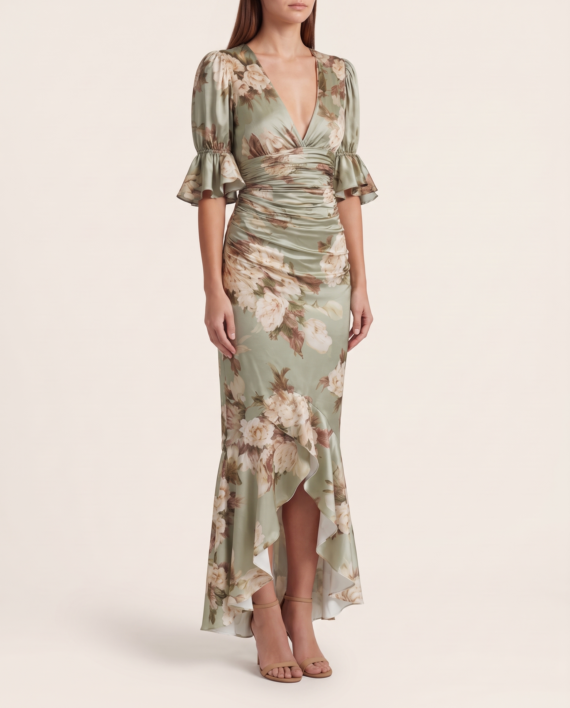 Maxi Dress – Green Floral Puff-Sleeve Slit — Green — studio three-quarter