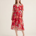 Midi Dress – Floral V-Neck Midi — Red — studio front