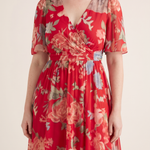 Midi Dress – Floral V-Neck Midi — Red — fabric detail