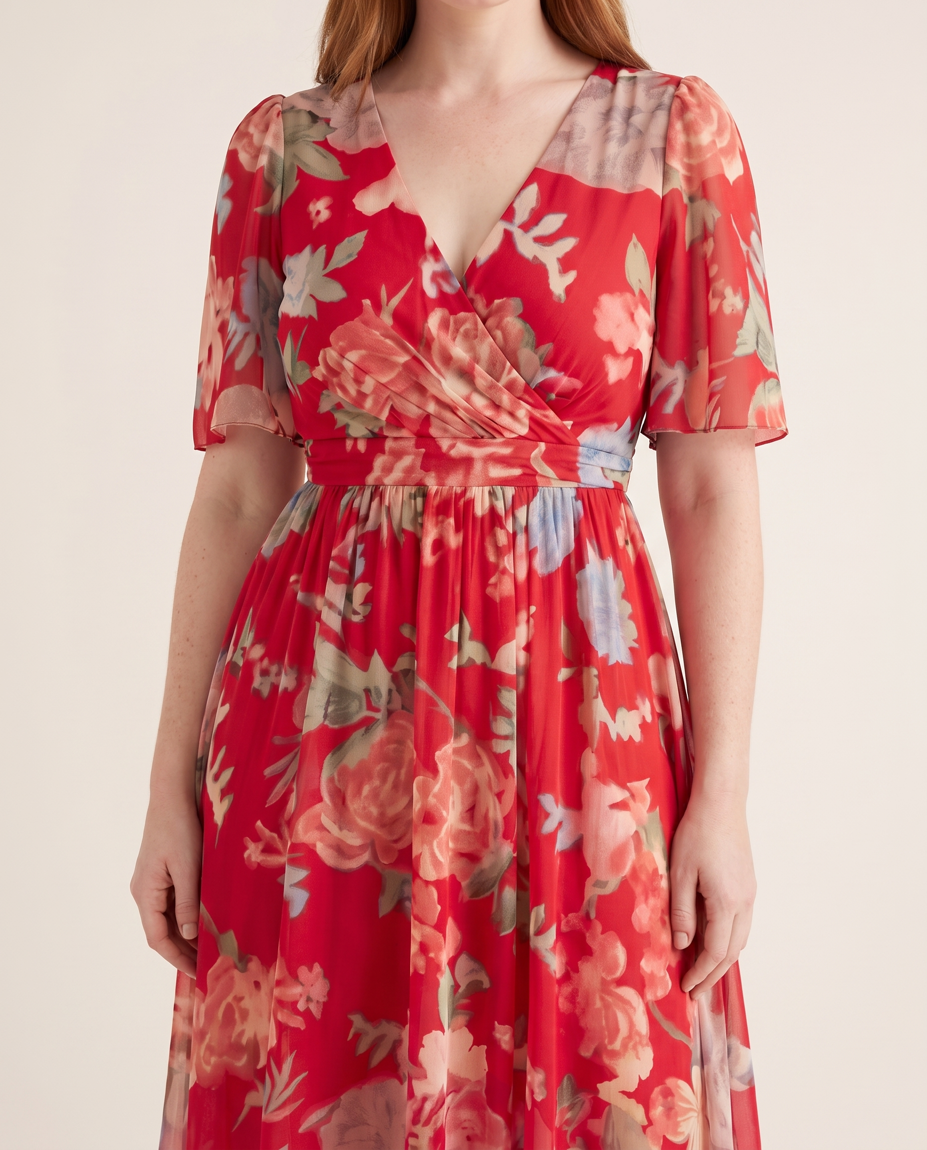 Midi Dress – Floral V-Neck Midi — Red — fabric detail