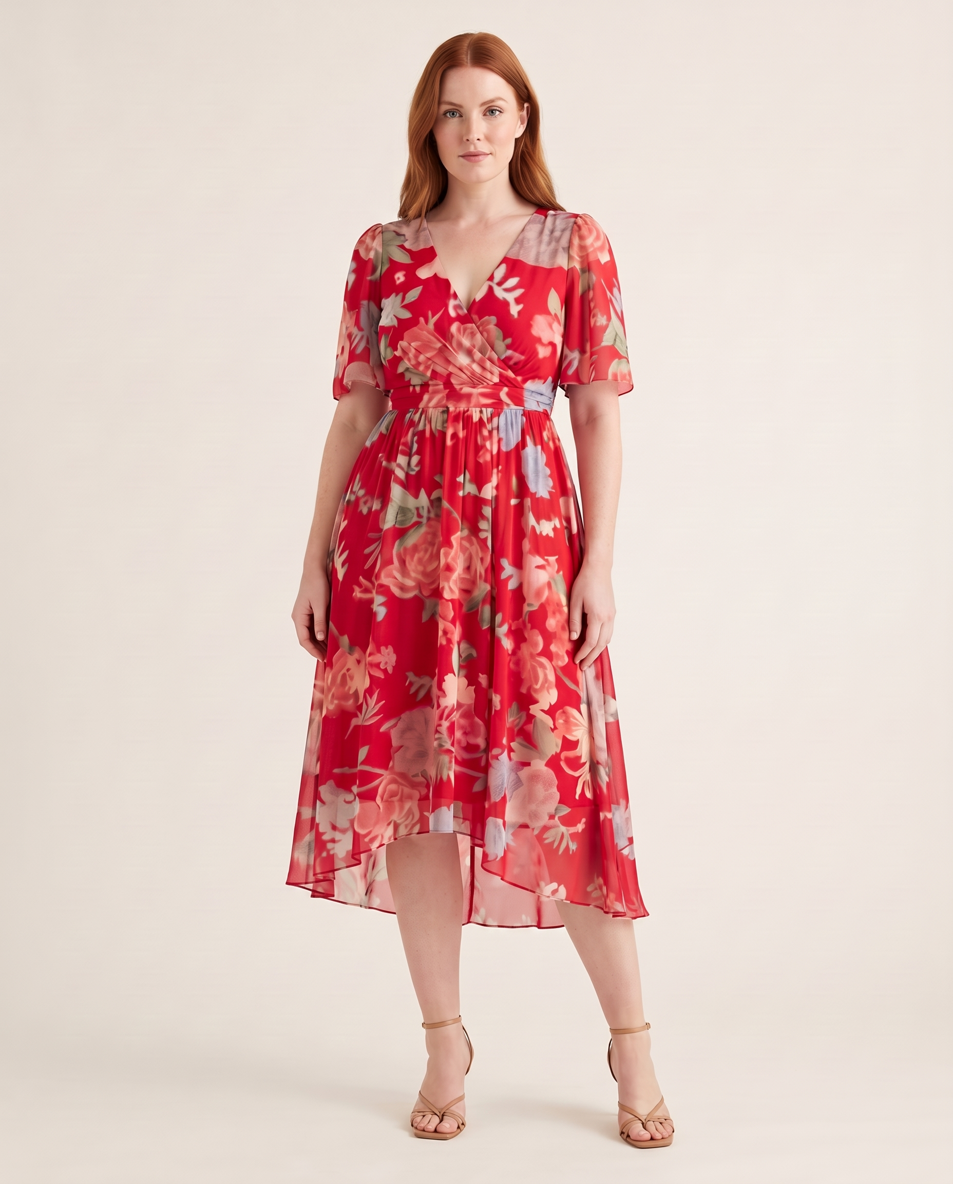 Midi Dress – Floral V-Neck Midi — Red — studio three-quarter