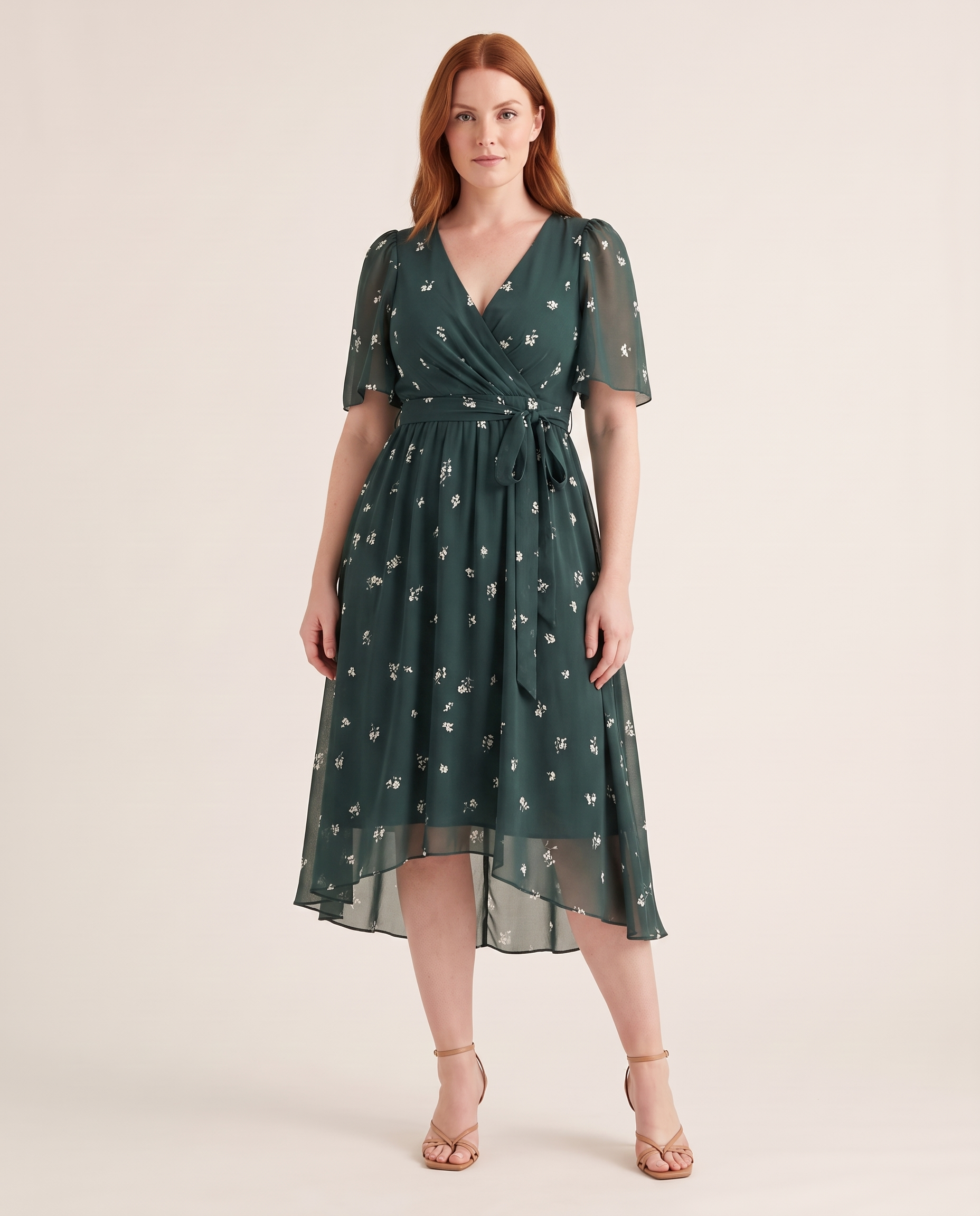 Midi Dress – Floral V-Neck Midi — Green — studio front