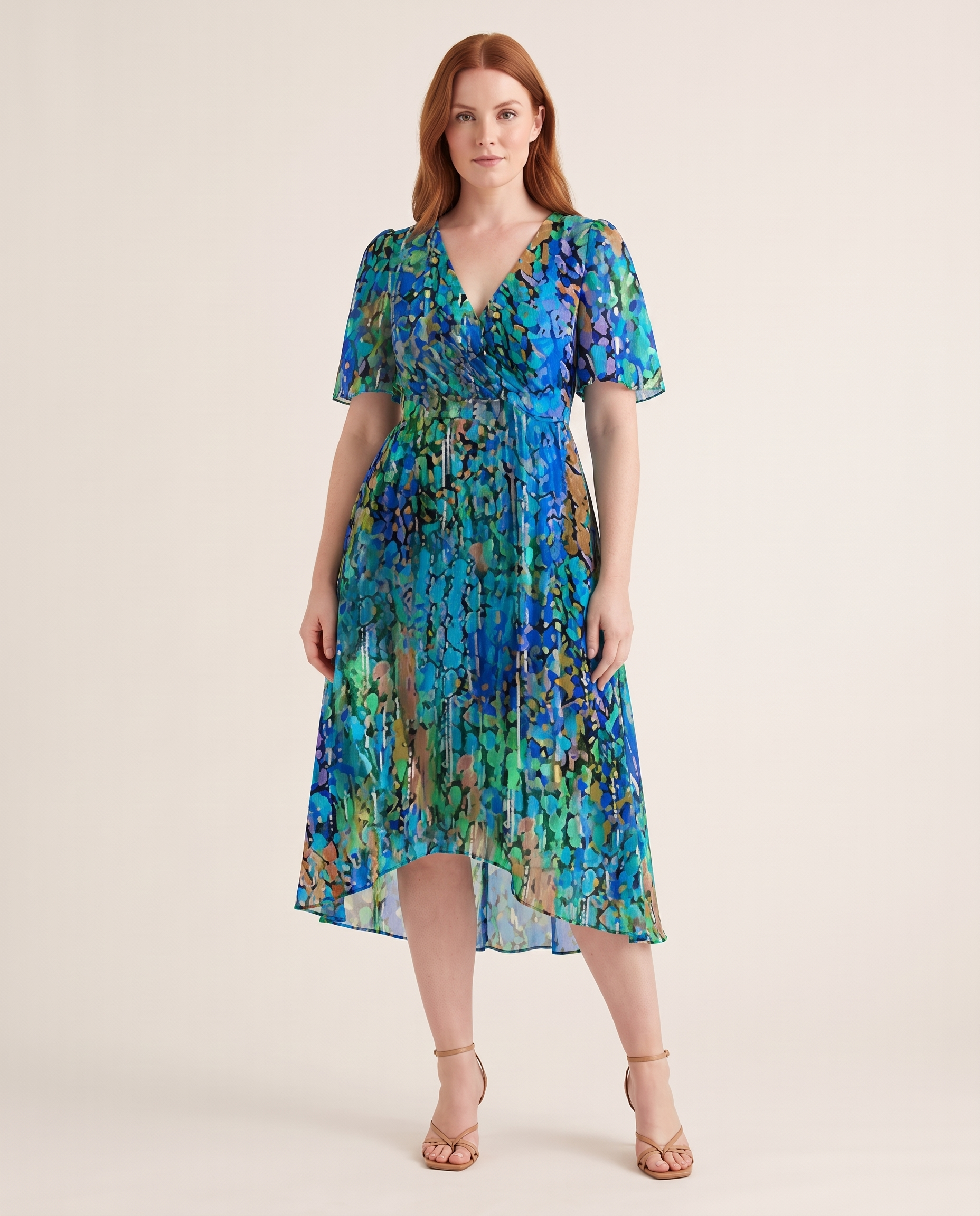 Midi Dress – Floral V-Neck Midi — Blue Green — studio front