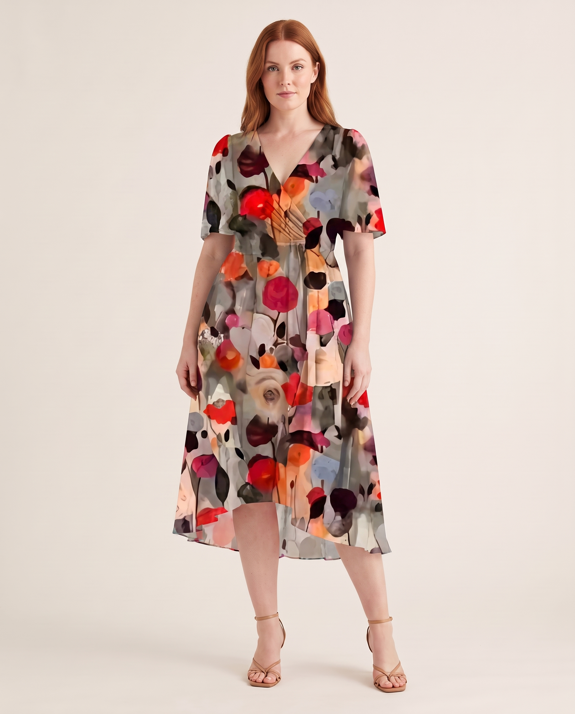 Midi Dress – Floral V-Neck Midi — Brown Floral — studio front