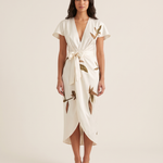 Midi Dress – Floral Wrap Midi — White — studio front