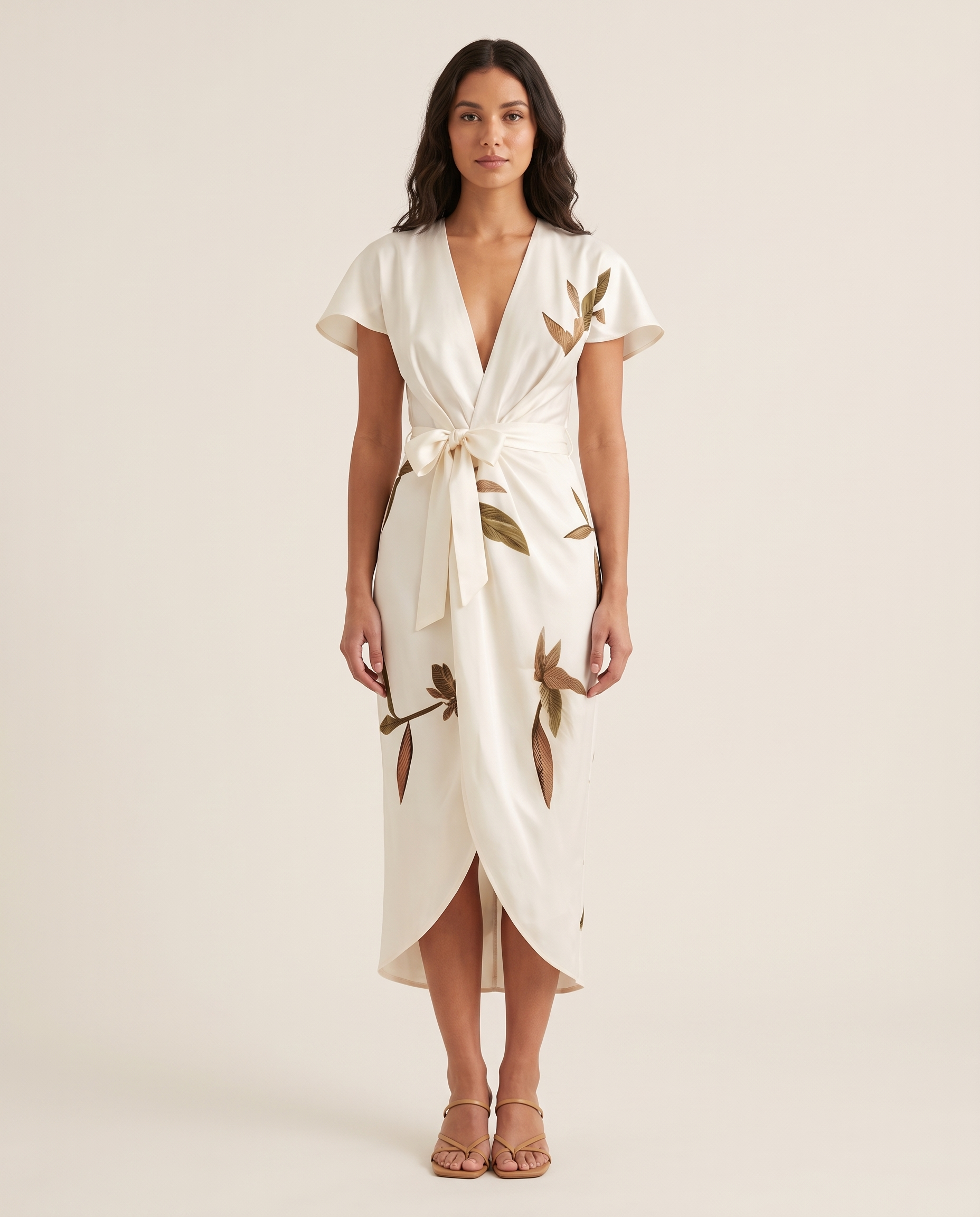 Midi Dress – Floral Wrap Midi — White — studio front