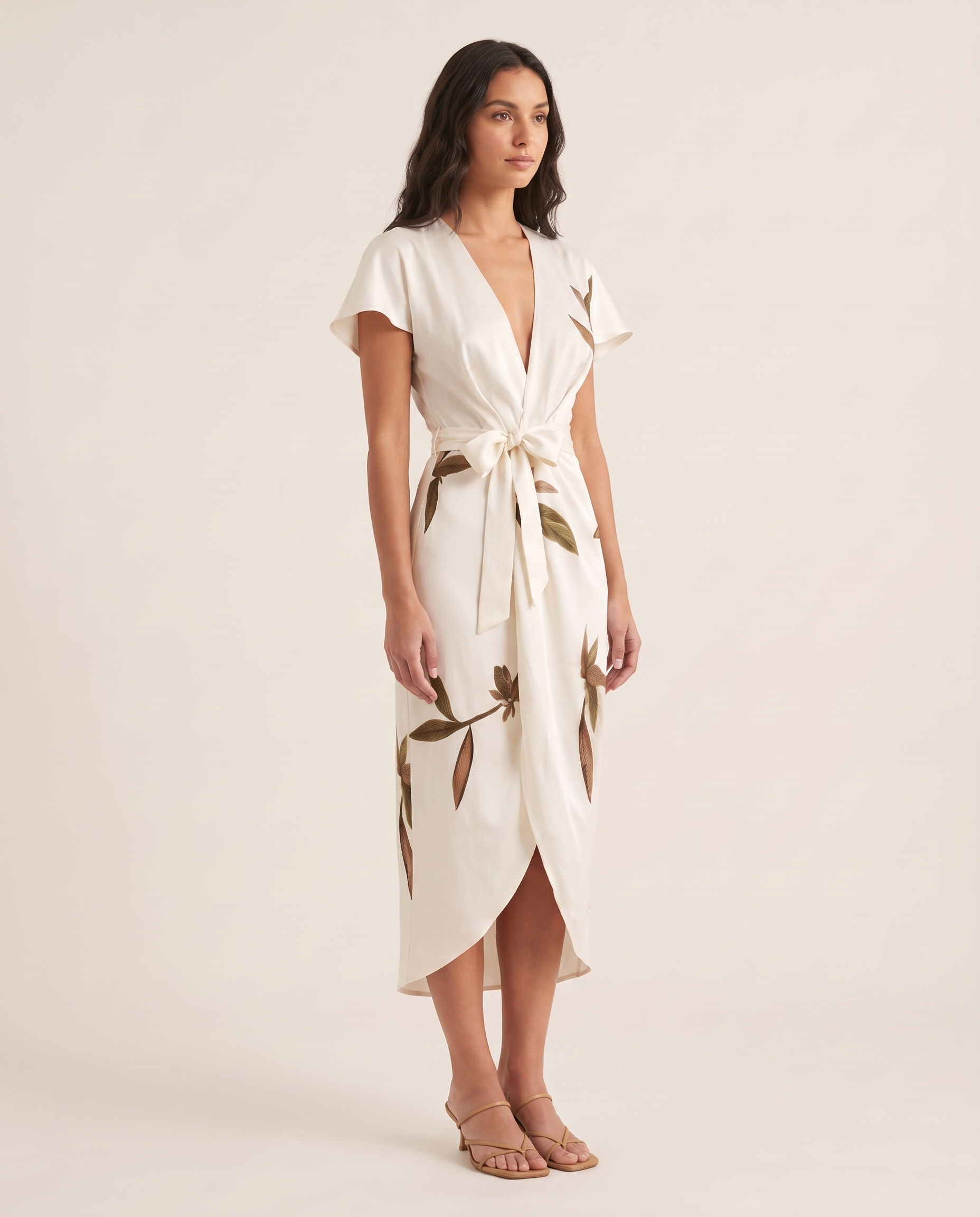Midi Dress – Floral Wrap Midi — White — studio three-quarter