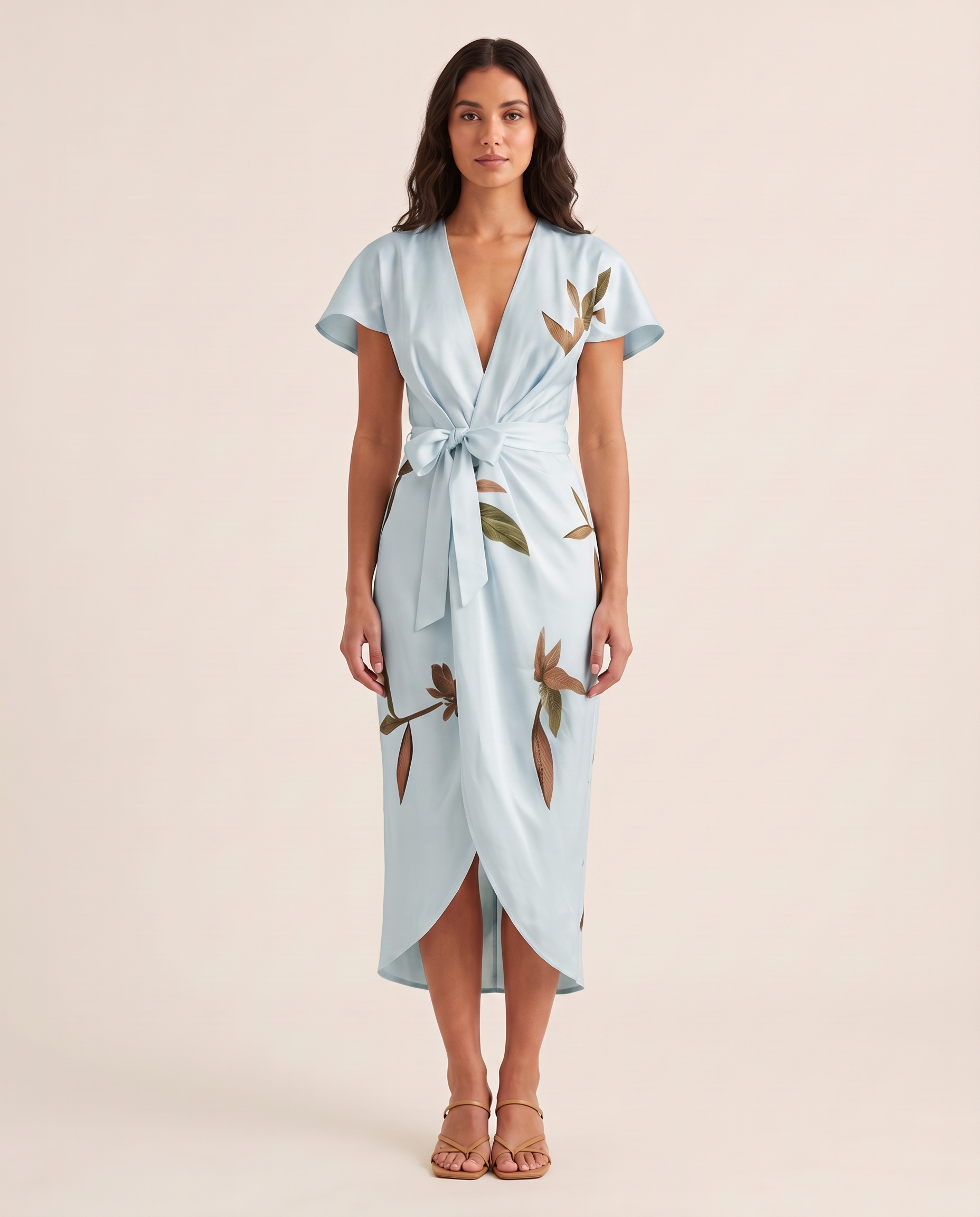 Midi Dress – Floral Wrap Midi — Blue — studio front