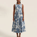 Midi Dress – Off-Shoulder Floral Swing — Blue — studio front