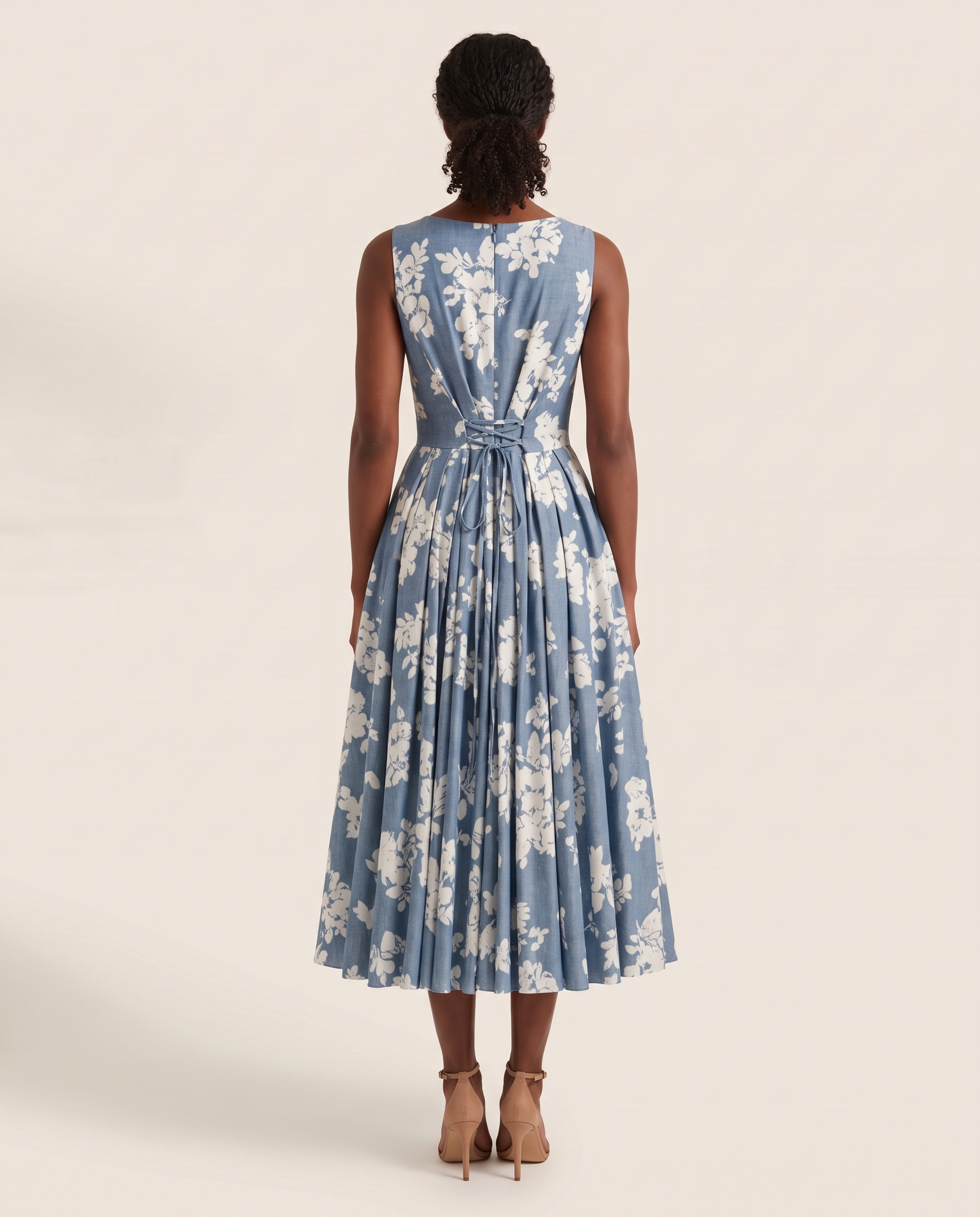 Midi Dress – Off-Shoulder Floral Swing — Blue — back view