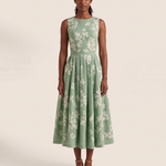 Midi Dress – Off-Shoulder Floral Swing — Green — studio front