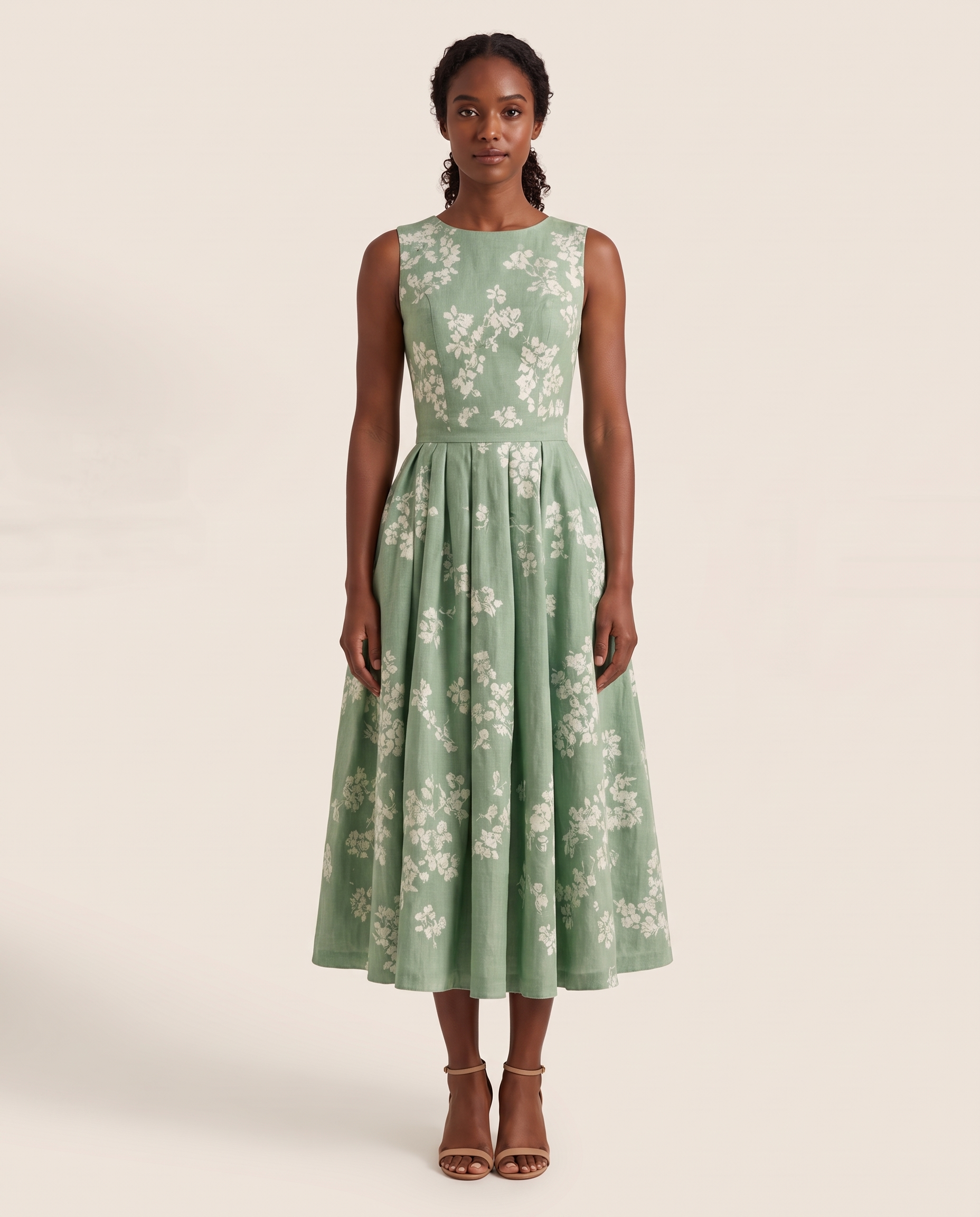 Midi Dress – Off-Shoulder Floral Swing — Green — studio front