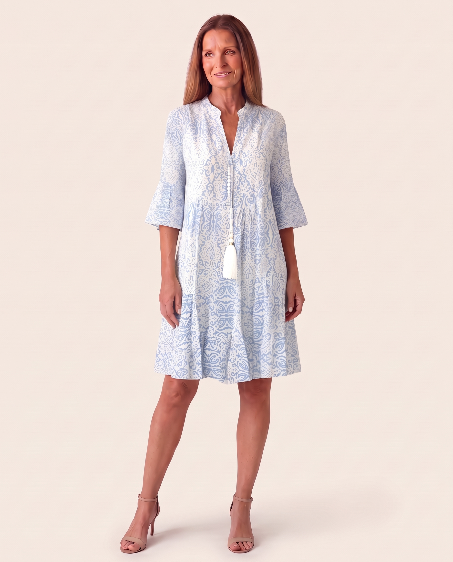 Midi Dress – Paisley Three-Quarter Sleeve — Blue — studio three-quarter