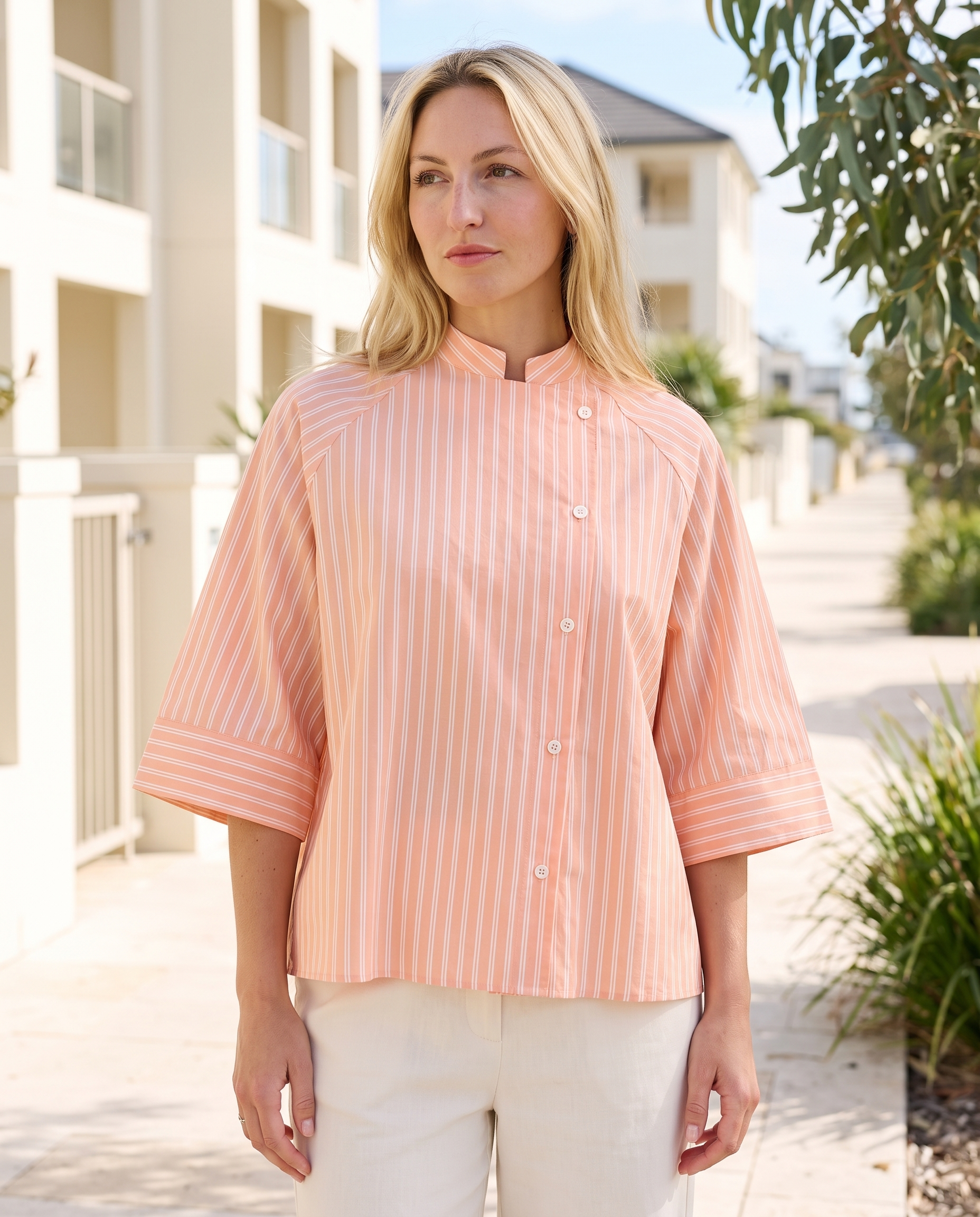 Mira Relaxed Asymmetric Striped Shirt – Australian lifestyle view