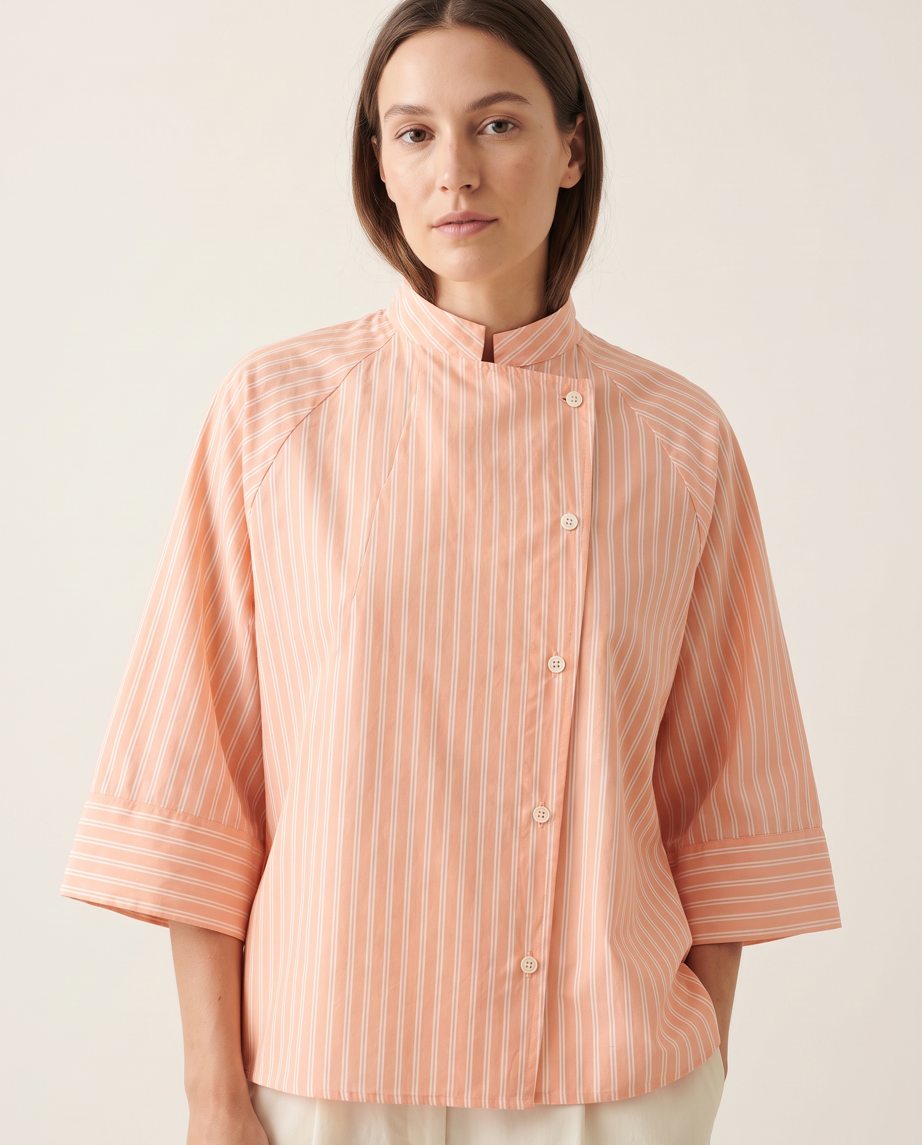 Mira Relaxed Asymmetric Striped Shirt – studio front view