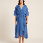 Monica | Wrap V-Neck Midi Wedding Guest Gowns — Blue — studio front
