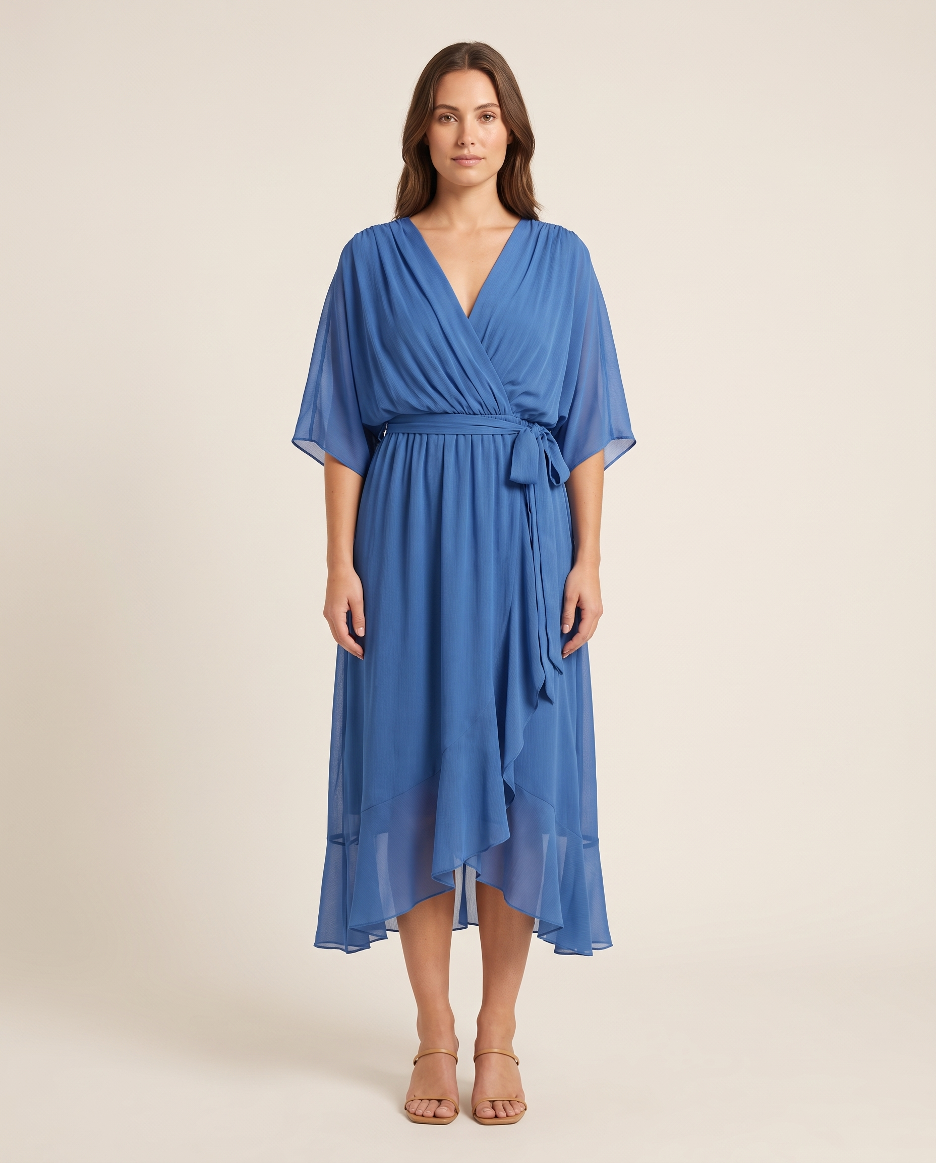 Monica | Wrap V-Neck Midi Wedding Guest Gowns — Blue — studio front