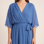 Monica | Wrap V-Neck Midi Wedding Guest Gowns — Blue — fabric detail