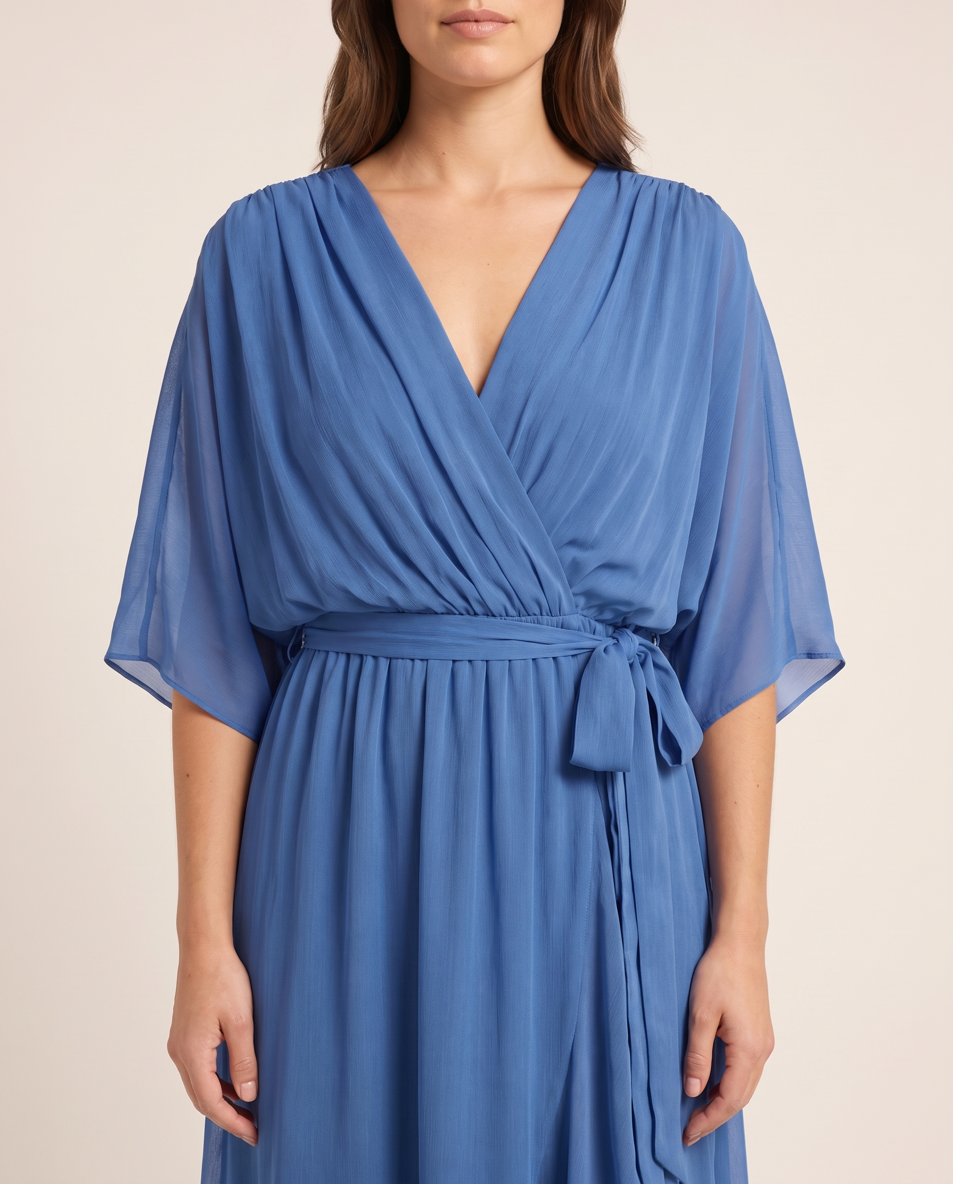 Monica | Wrap V-Neck Midi Wedding Guest Gowns — Blue — fabric detail
