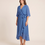 Monica | Wrap V-Neck Midi Wedding Guest Gowns — Blue — studio three-quarter