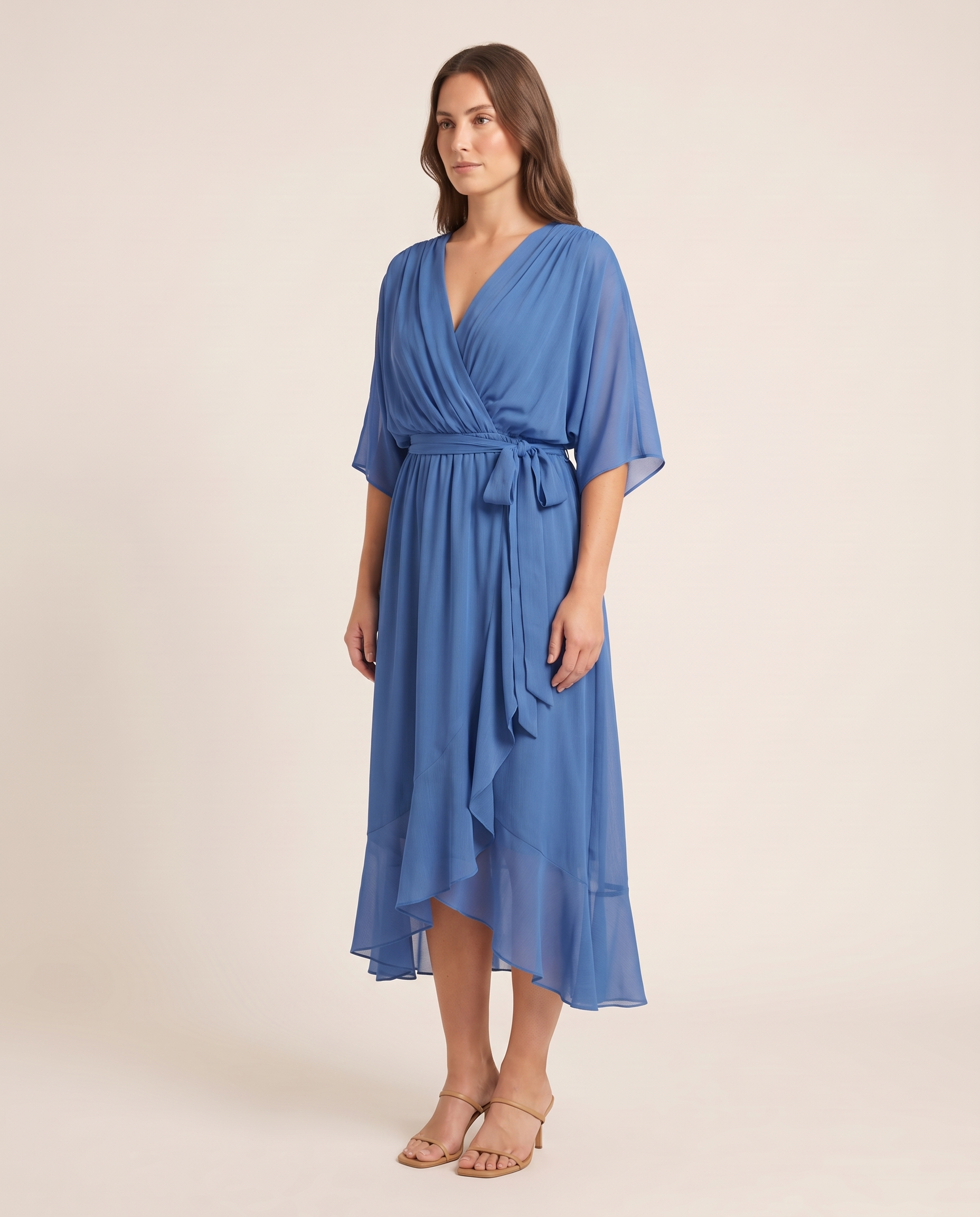Monica | Wrap V-Neck Midi Wedding Guest Gowns — Blue — studio three-quarter