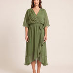 Monica | Wrap V-Neck Midi Wedding Guest Gowns — Green — studio front