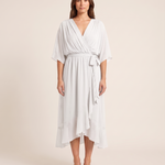 Monica | Wrap V-Neck Midi Wedding Guest Gowns — White — studio front
