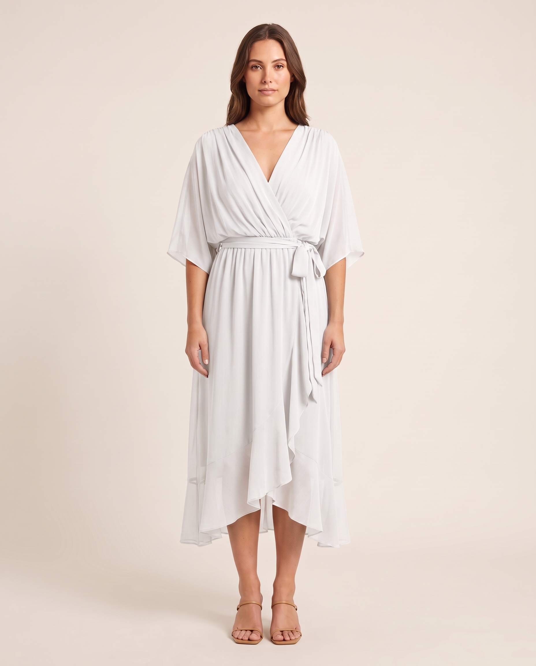Monica | Wrap V-Neck Midi Wedding Guest Gowns — White — studio front