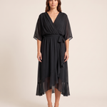 Monica | Wrap V-Neck Midi Wedding Guest Gowns — Black — studio front