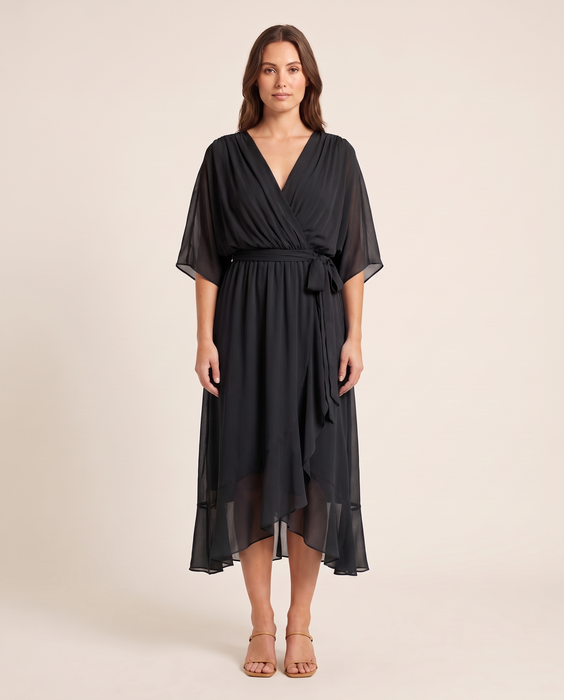 Monica | Wrap V-Neck Midi Wedding Guest Gowns — Black — studio front