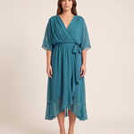 Monica | Wrap V-Neck Midi Wedding Guest Gowns — Teal — studio front