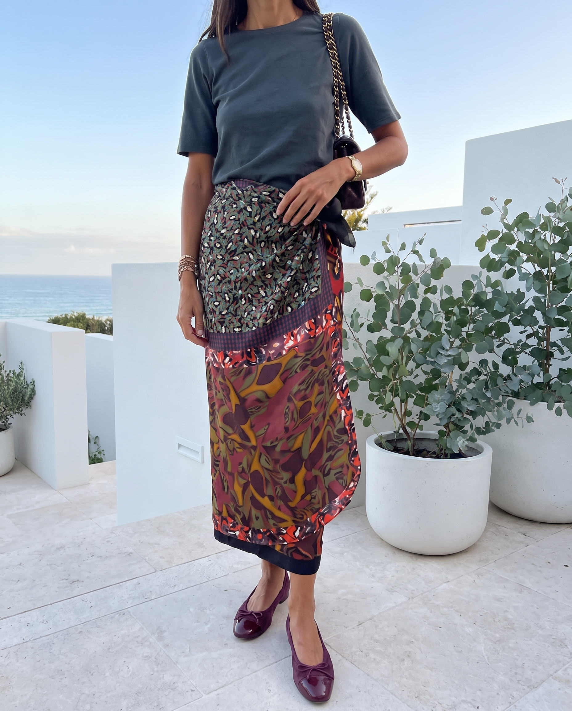 Muse Abstract Floral Satin Wrap Midi Skirt – Australian lifestyle view