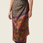 Muse Abstract Floral Satin Wrap Midi Skirt – studio front view