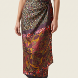 Muse Abstract Floral Satin Wrap Midi Skirt – studio front view