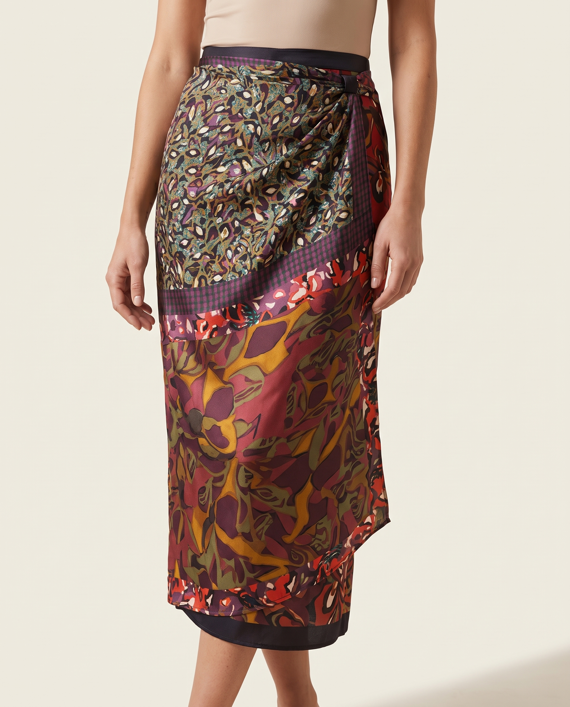 Muse Abstract Floral Satin Wrap Midi Skirt – studio front view